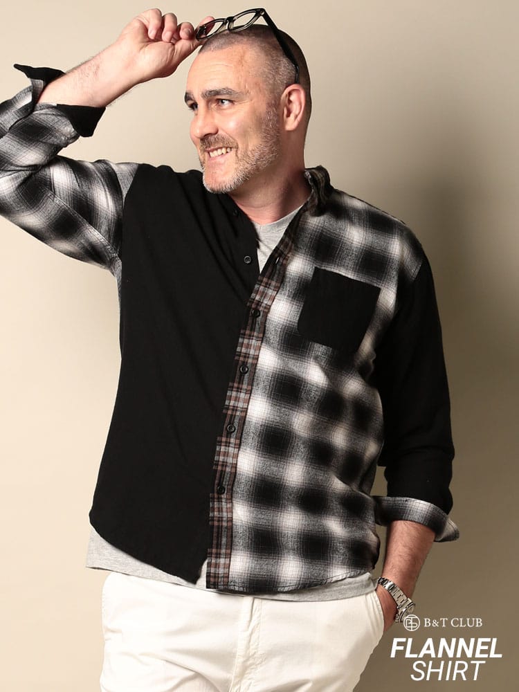 大きいサイズ メンズ B＆T CLUB (ビーアンドティークラブ) 綿100％ クレイジーパターンチェック柄＆無地 ボタンダウン 長袖 ネルシャツ