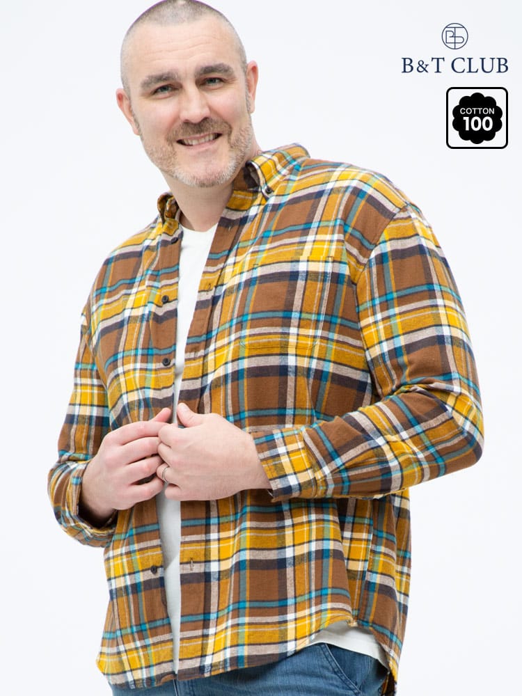 大きいサイズ メンズ B＆T CLUB (ビーアンドティークラブ) 綿100％ チェック柄 ボタンダウン 長袖 ネルシャツ