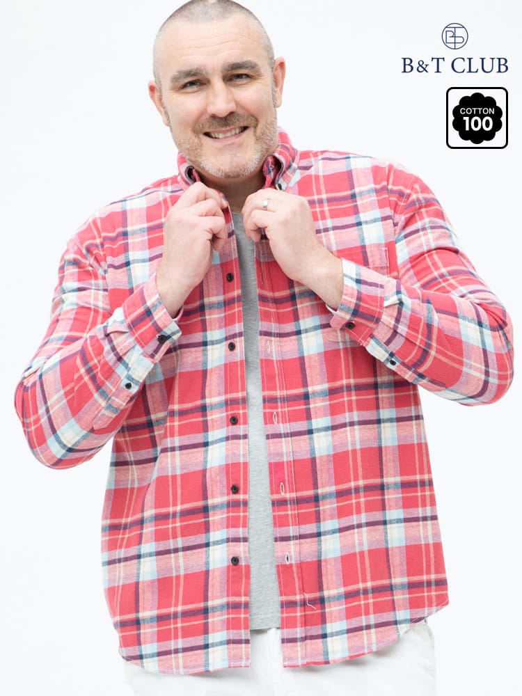 大きいサイズ メンズ B＆T CLUB (ビーアンドティークラブ) 綿100％ チェック柄 ボタンダウン 長袖 ネルシャツ
