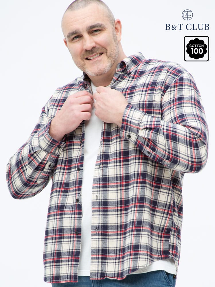 大きいサイズ メンズ B＆T CLUB (ビーアンドティークラブ) 綿100％ チェック柄 ボタンダウン 長袖 ネルシャツ