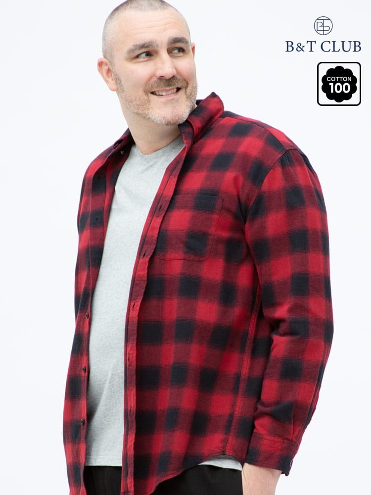 大きいサイズ メンズ B＆T CLUB (ビーアンドティークラブ) 綿100％ チェック柄 ボタンダウン 長袖 ネルシャツ