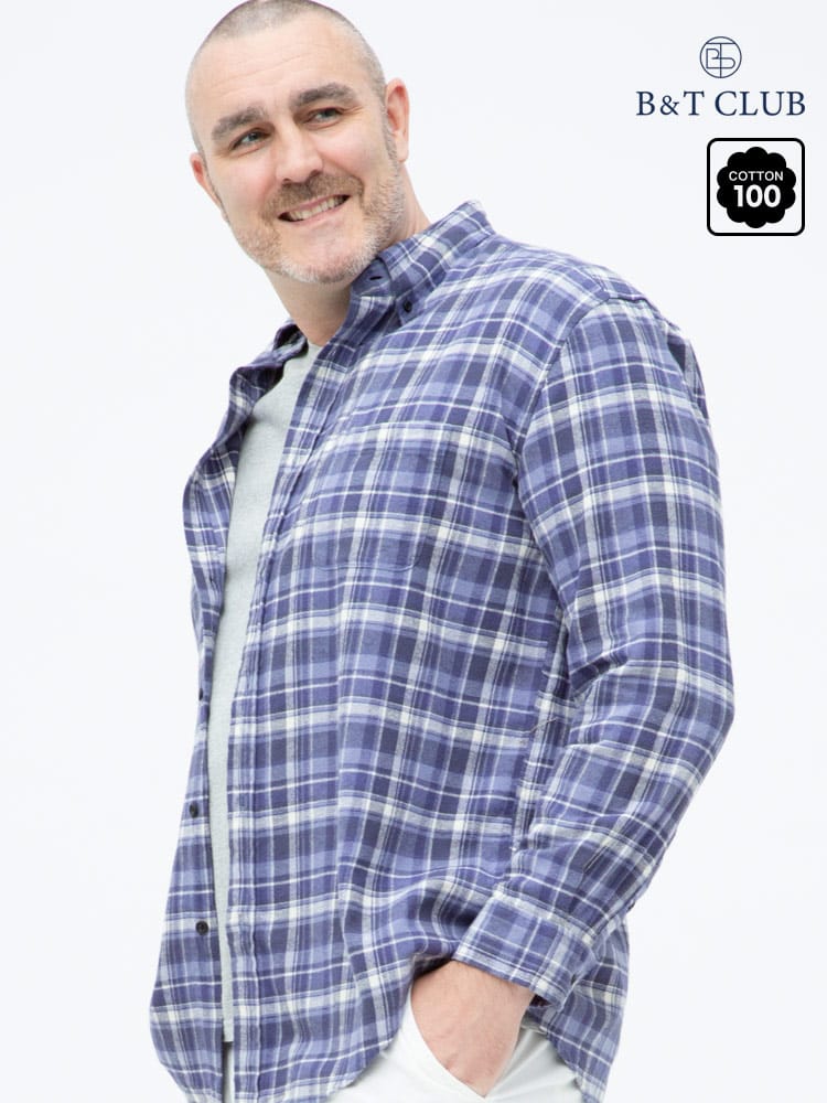 大きいサイズ メンズ B＆T CLUB (ビーアンドティークラブ) 綿100％ チェック柄 ボタンダウン 長袖 ネルシャツ