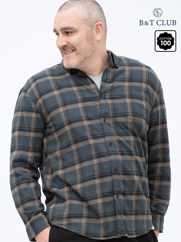 大きいサイズ メンズ B＆T CLUB (ビーアンドティークラブ) 綿100％ チェック柄 ボタンダウン 長袖 ネルシャツ