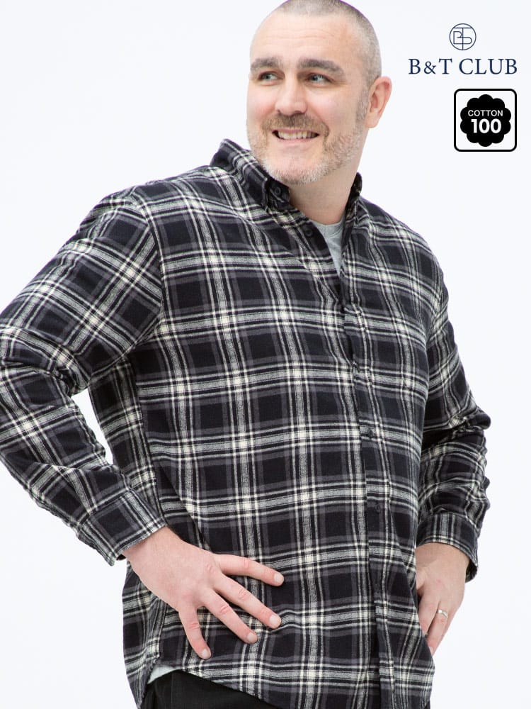 大きいサイズ メンズ B＆T CLUB (ビーアンドティークラブ) 綿100％ チェック柄 ボタンダウン 長袖 ネルシャツ