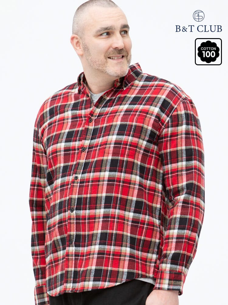大きいサイズ メンズ B＆T CLUB (ビーアンドティークラブ) 綿100％ チェック柄 ボタンダウン 長袖 ネルシャツ