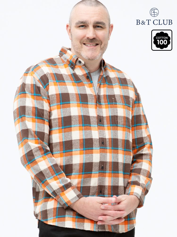 大きいサイズ メンズ B＆T CLUB (ビーアンドティークラブ) 綿100％ チェック柄 ボタンダウン 長袖 ネルシャツ