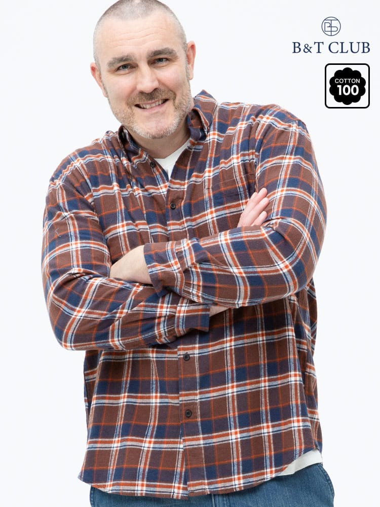 大きいサイズ メンズ B＆T CLUB (ビーアンドティークラブ) 綿100％ チェック柄 ボタンダウン 長袖 ネルシャツ