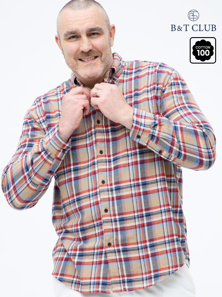 大きいサイズ メンズ B＆T CLUB (ビーアンドティークラブ) 綿100％ チェック柄 ボタンダウン 長袖 ネルシャツ