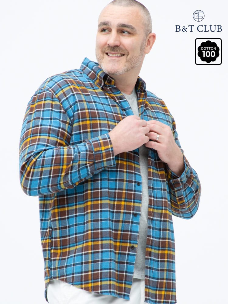 大きいサイズ メンズ B＆T CLUB (ビーアンドティークラブ) 綿100％ チェック柄 ボタンダウン 長袖 ネルシャツ
