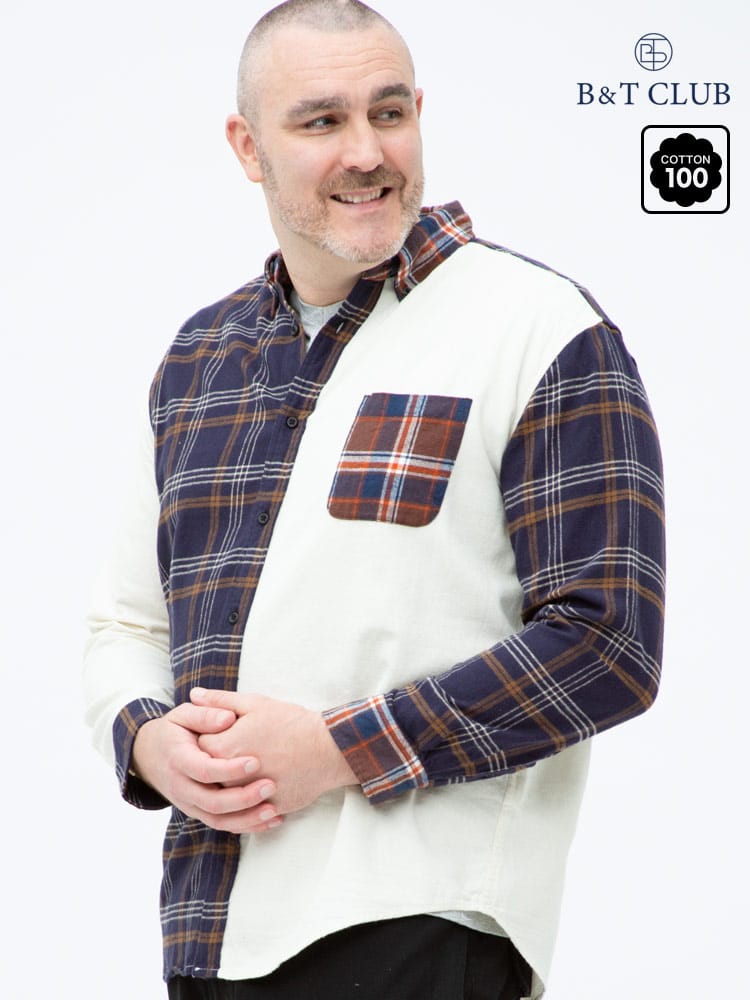 大きいサイズ メンズ B＆T CLUB (ビーアンドティークラブ) 綿100％ クレイジー切り替え チェック ボタンダウン 長袖 ネルシャツ