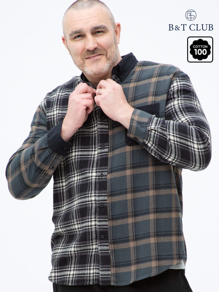 大きいサイズ メンズ B＆T CLUB (ビーアンドティークラブ) 綿100％ クレイジー切り替え チェック ボタンダウン 長袖 ネルシャツ