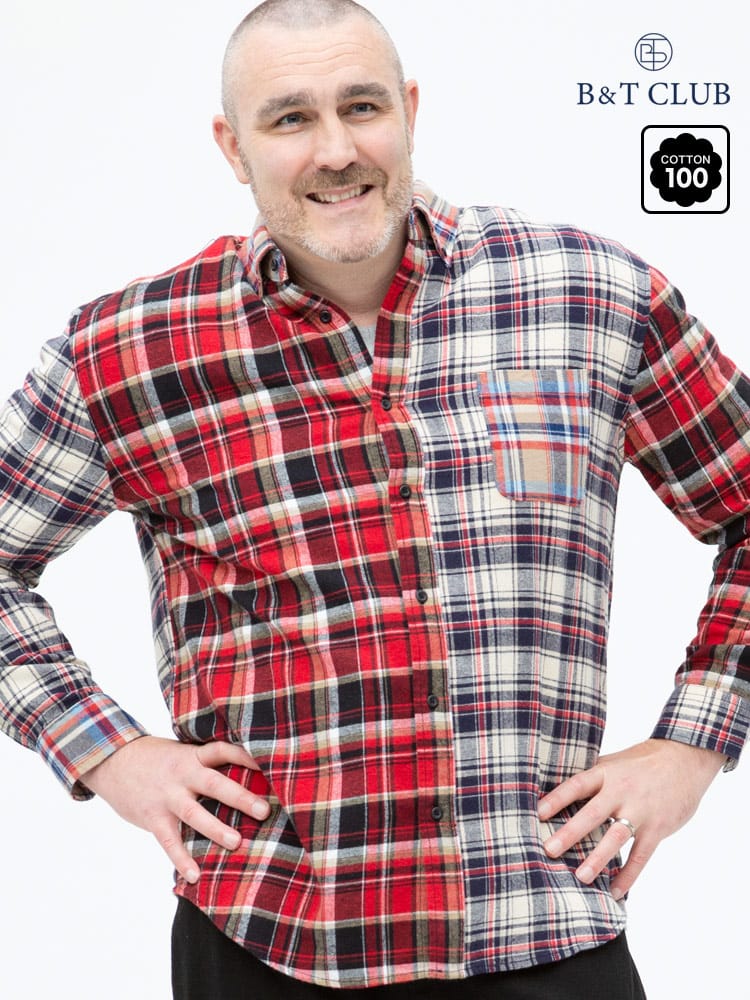 大きいサイズ メンズ B＆T CLUB (ビーアンドティークラブ) 綿100％ クレイジー切り替え チェック ボタンダウン 長袖 ネルシャツ