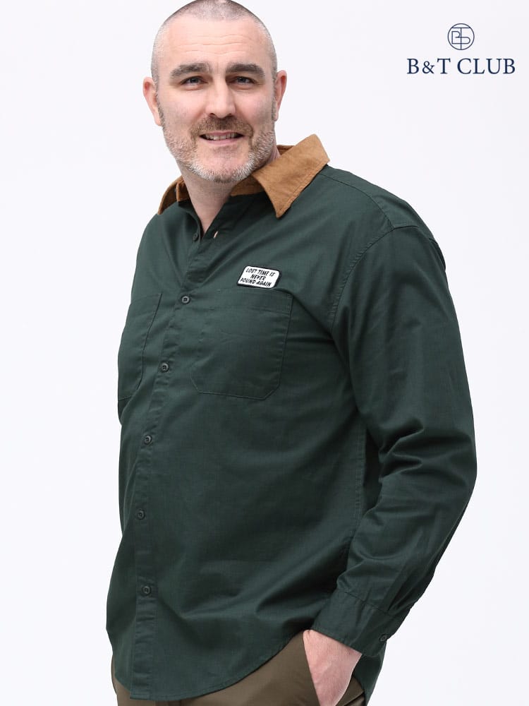 大きいサイズ メンズ B＆T CLUB (ビーアンドティークラブ) バックプリント 異素材衿 ポケット 長袖 シャツ