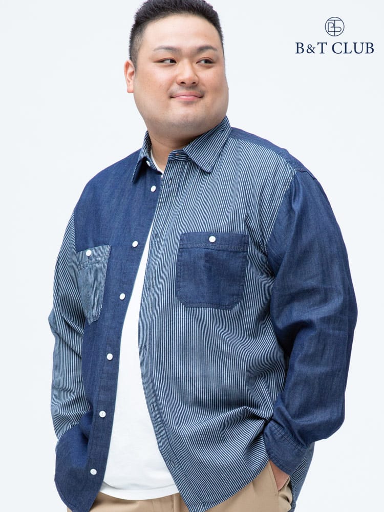 大きいサイズ メンズ B＆T CLUB (ビーアンドティークラブ) インディゴ クレイジー切り替え ポケット 長袖 シャツ