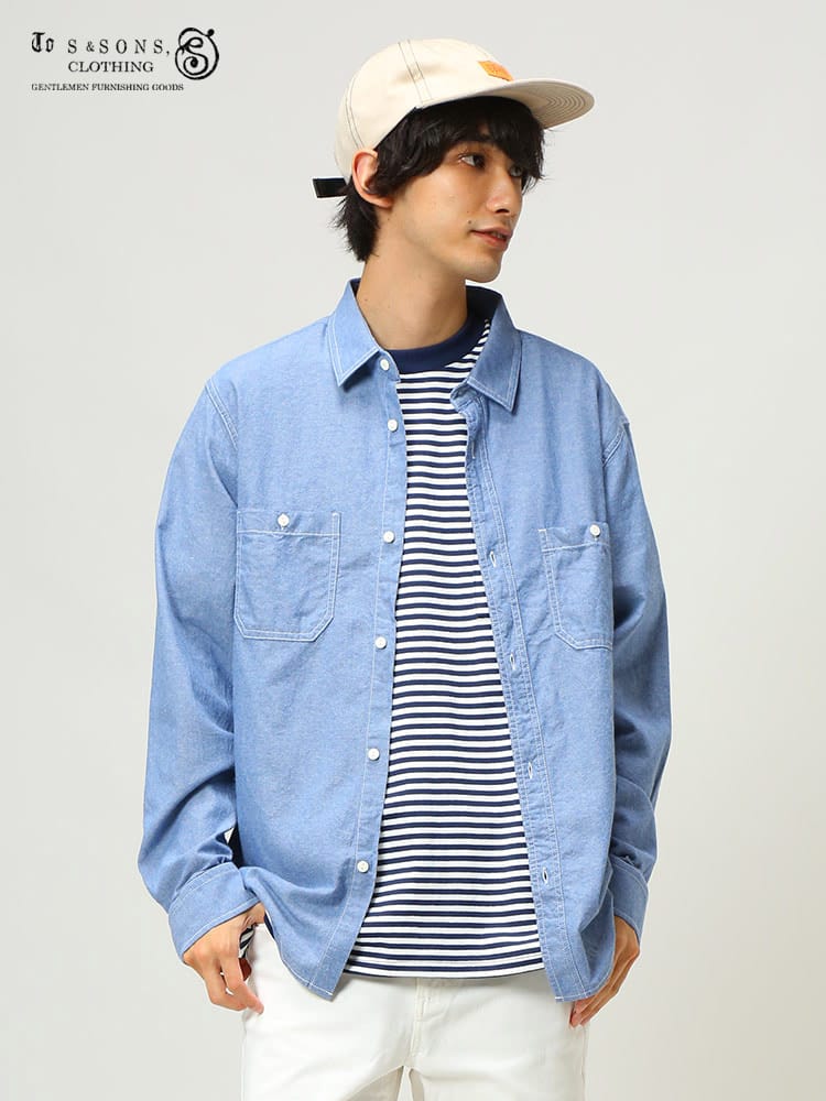 S＆SONS (エスアンドサンズ) 綿100％ 無地 ポケット 長袖 ダンガリーシャツ