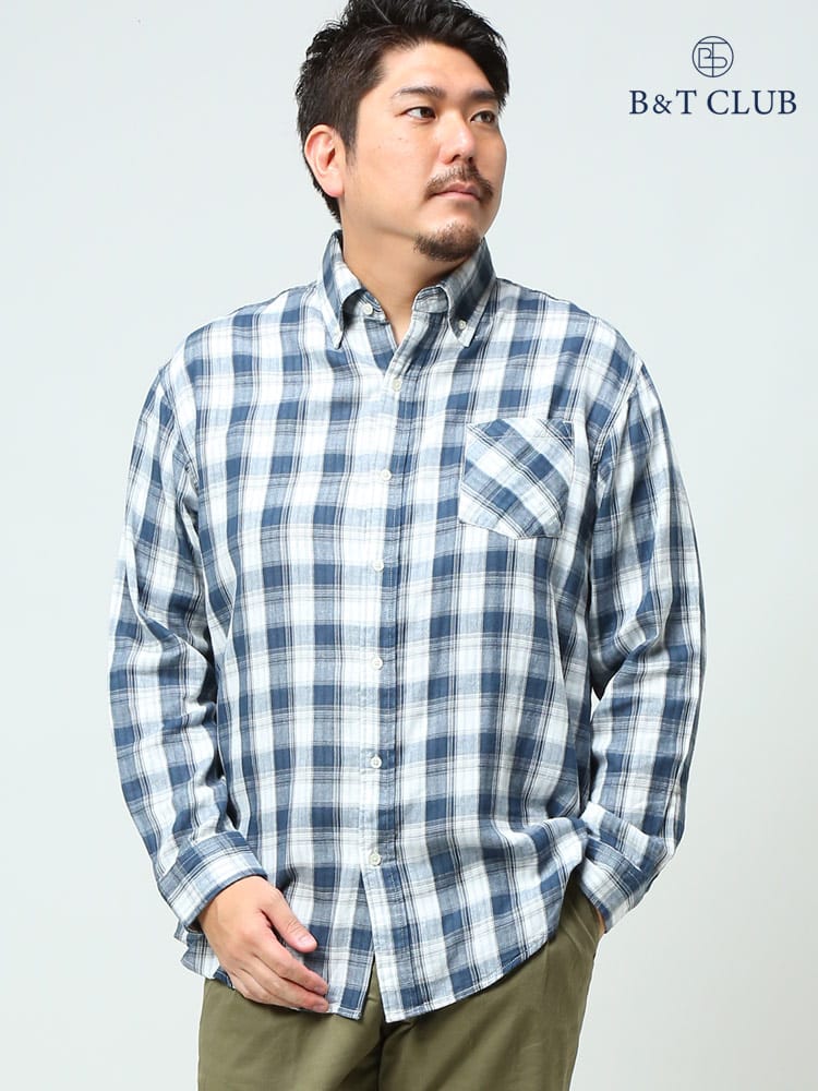 大きいサイズ メンズ B＆T CLUB Wガーゼ 無地＆チェック ボタンダウン 長袖 シャツ