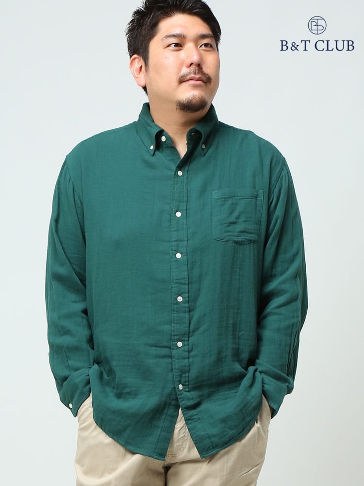大きいサイズ メンズ B＆T CLUB Wガーゼ 無地＆チェック ボタンダウン 長袖 シャツ