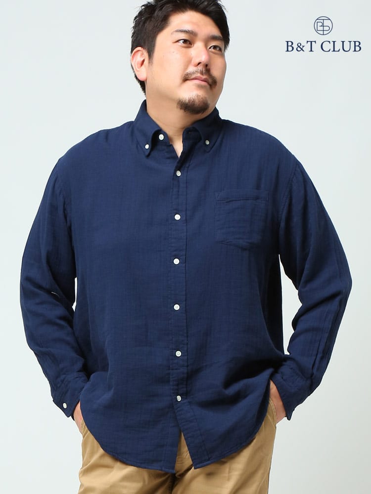 大きいサイズ メンズ B＆T CLUB Wガーゼ 無地＆チェック ボタンダウン 長袖 シャツ
