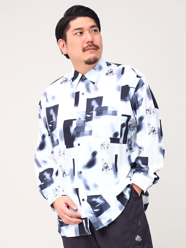 大きいサイズ メンズ B＆T CLUB (ビーアンドティークラブ) ストレッチ プリント総柄 長袖 シャツ