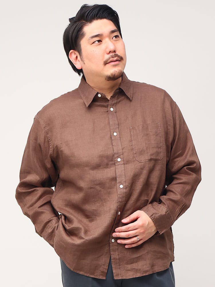 大きいサイズ メンズ B＆T CLUB (ビーアンドティークラブ) 麻100％ 無地 レギュラーカラー 長袖 シャツ