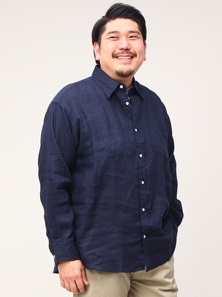 大きいサイズ メンズ B＆T CLUB (ビーアンドティークラブ) 麻100％ 無地 レギュラーカラー 長袖 シャツ