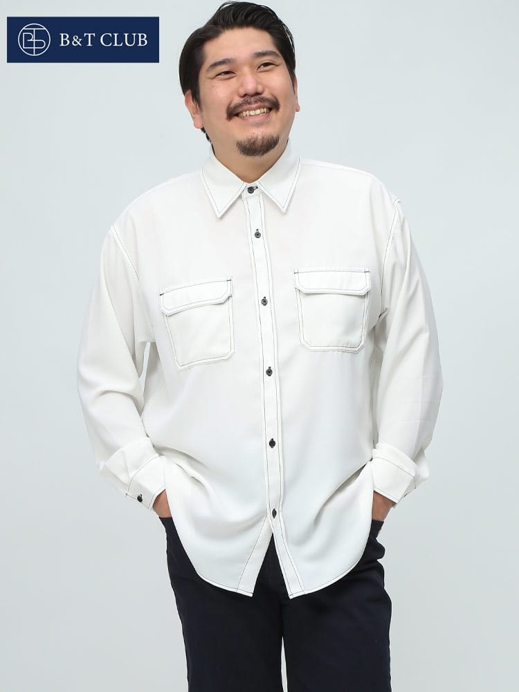 在庫処分 返品交換不可 B＆T CLUB ビーアンドティークラブ 長袖 シャツ ストレッチ 無地 シンプル カラーステッチ 薄手 大きいサイズ メンズ 