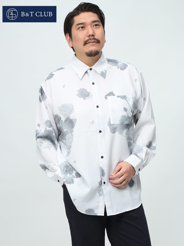 在庫処分 返品交換不可 B＆T CLUB ビーアンドティークラブ 長袖 シャツ ストレッチ 花柄 総柄 プリント 薄手 モノトーン 大きいサイズ メンズ 