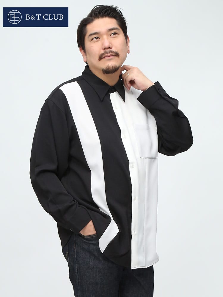 在庫処分 返品交換不可 B＆T CLUB ビーアンドティークラブ 長袖 シャツ ストレッチ 切替 ストライプ 薄手 シンプル 大きいサイズ メンズ 
