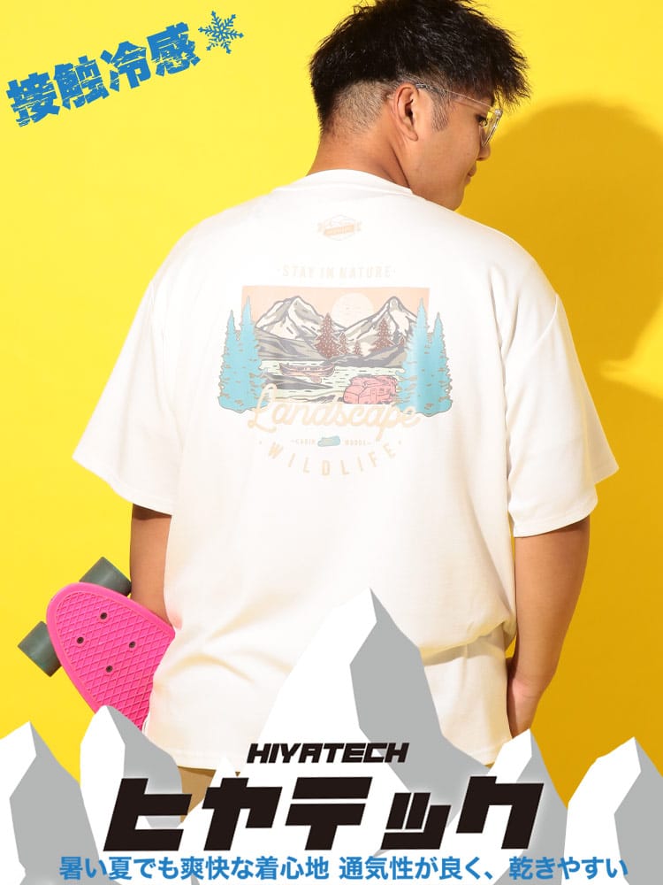 半袖 Tシャツ ヒヤテック 冷感 ポンチ クルーネック  MOUNTAINS トップス  プリント 刺繍 涼しい 春 夏 大きいサイズ メンズ