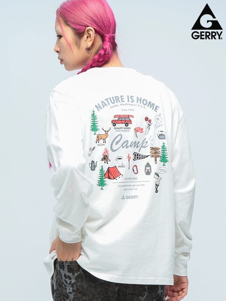 GERRY (ジェリー) 綿100％ バックプリント クルーネック 長袖 Tシャツ