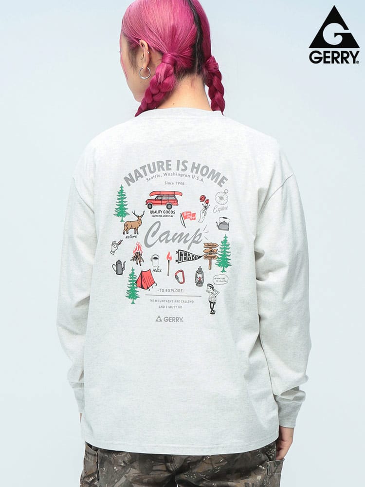 GERRY (ジェリー) 綿100％ バックプリント クルーネック 長袖 Tシャツ