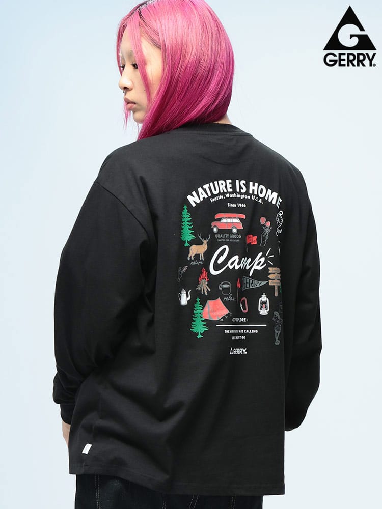 GERRY (ジェリー) 綿100％ バックプリント クルーネック 長袖 Tシャツ