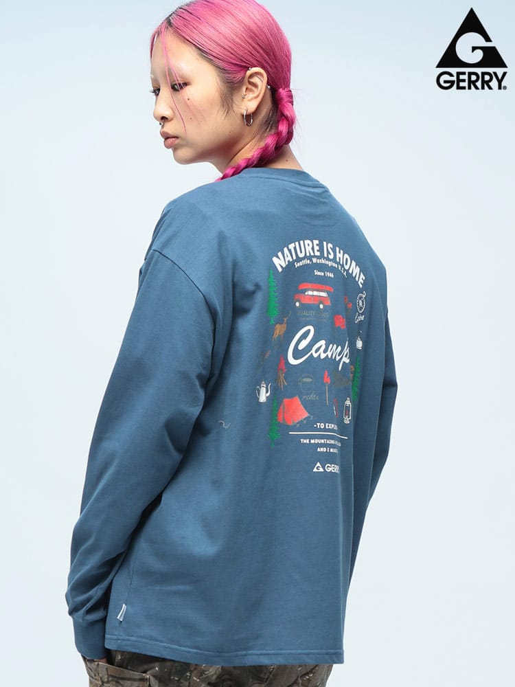 GERRY (ジェリー) 綿100％ バックプリント クルーネック 長袖 Tシャツ