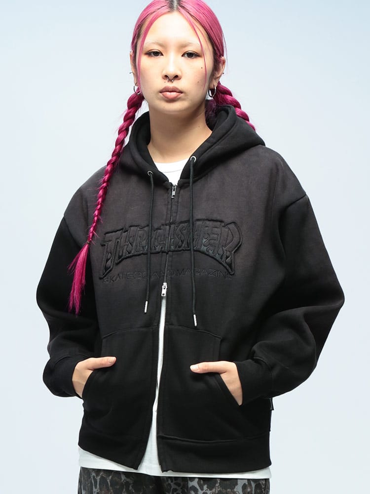 THRASHER (スラッシャー) 裏起毛 フェード加工 アップリケロゴ フルジップ パーカー