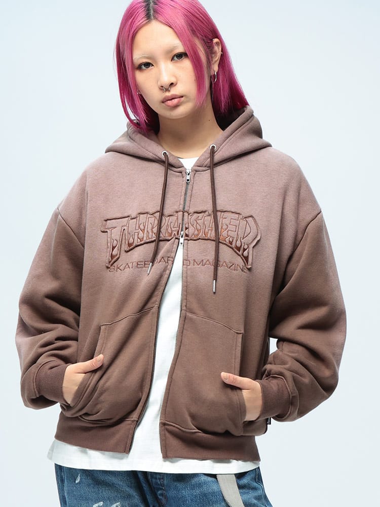 THRASHER (スラッシャー) 裏起毛 フェード加工 アップリケロゴ フルジップ パーカー