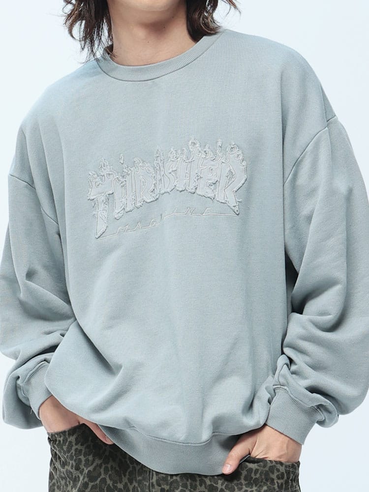 THRASHER (スラッシャー) ピグメント加工 スウェット トレーナー メンズ ユニセックス ダメージ デニムロゴ 裏毛 トレーナー