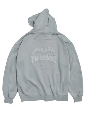 THRASHER (スラッシャー) ピグメント加工 フルジップ パーカー メンズ ユニセックス ダメージ デニムロゴ 裏毛 スウェット