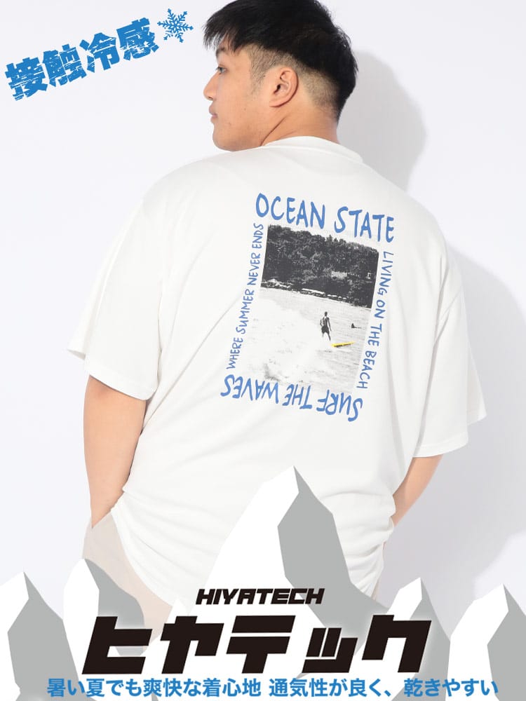 ヒヤテック Tシャツ 半袖 PHOTO SURF メンズ 大きいサイズ ヒヤテック 冷感ポンチ バックプリント クルーネック トップス Tシャツ カットソー 涼しい