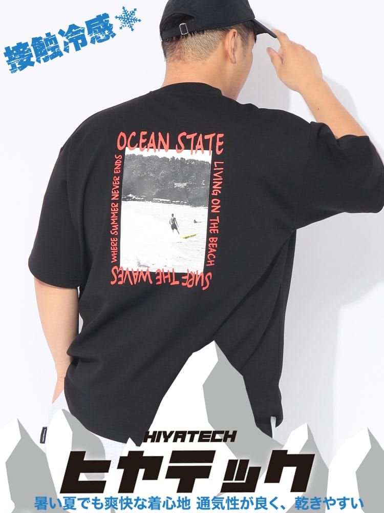 ヒヤテック Tシャツ 半袖 PHOTO SURF メンズ 大きいサイズ ヒヤテック 冷感ポンチ バックプリント クルーネック トップス Tシャツ カットソー 涼しい