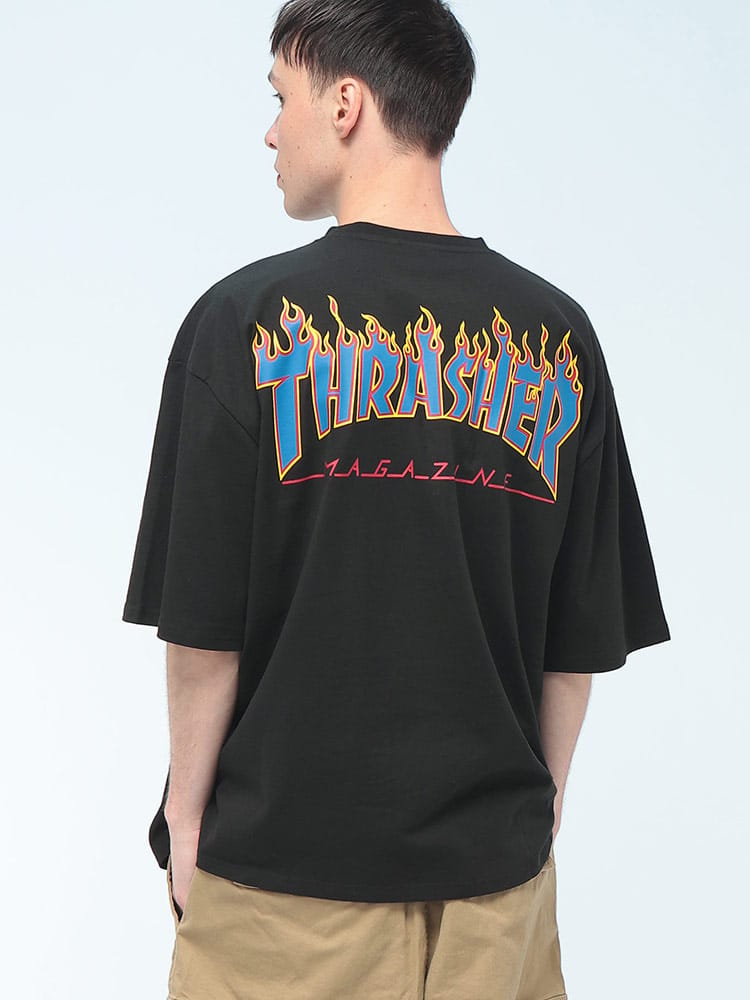 THRASHER (スラッシャー) FLAME LOGO Tシャツ 半袖 バックプリント ロゴ刺繍 クルーネック カットソー ユニセックス