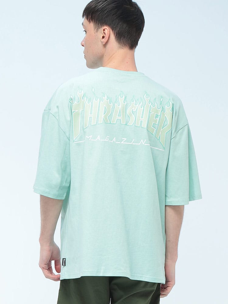 THRASHER (スラッシャー) FLAME LOGO Tシャツ 半袖 バックプリント ロゴ刺繍 クルーネック カットソー ユニセックス