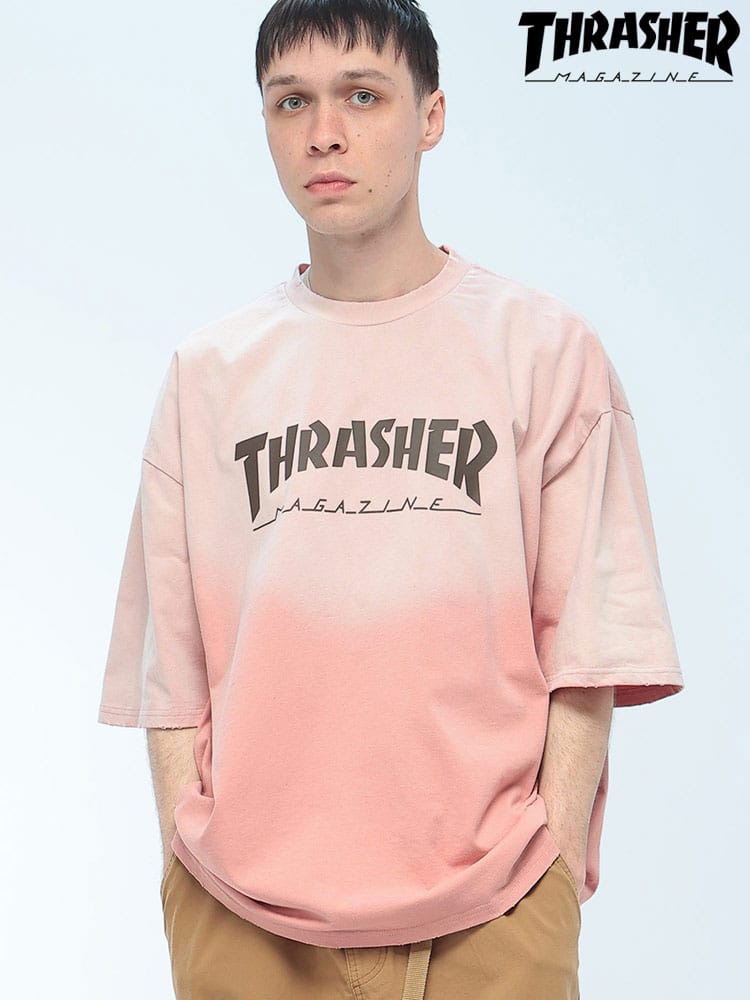 THRASHER (スラッシャー) ダメージ加工 グラデーション Tシャツ 半袖 ビッグシルエット オーバーサイズ ヴィンテージ クルーネック カットソー ユニセックス