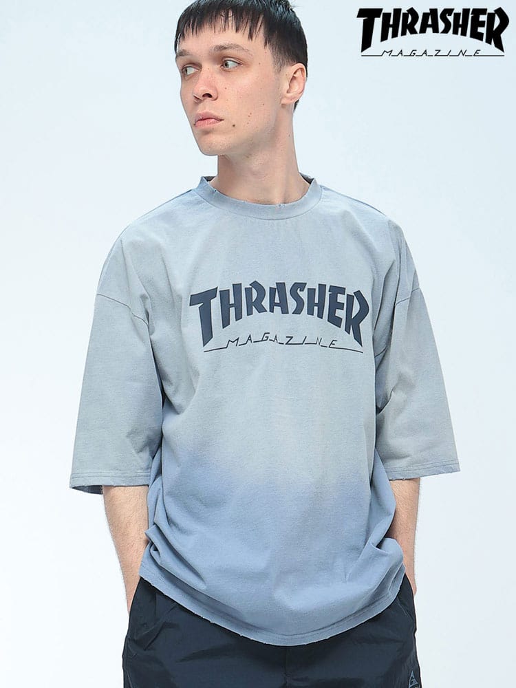 THRASHER (スラッシャー) ダメージ加工 グラデーション Tシャツ 半袖 ビッグシルエット オーバーサイズ ヴィンテージ クルーネック カットソー ユニセックス
