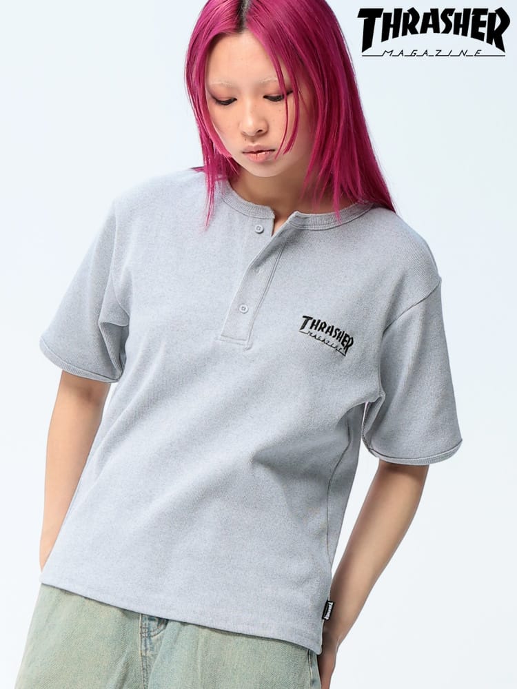 THRASHER (スラッシャー) ヘンリーネック Tシャツ 半袖 ロゴ刺繍 リブ編み ボックスシルエット ユニセックス