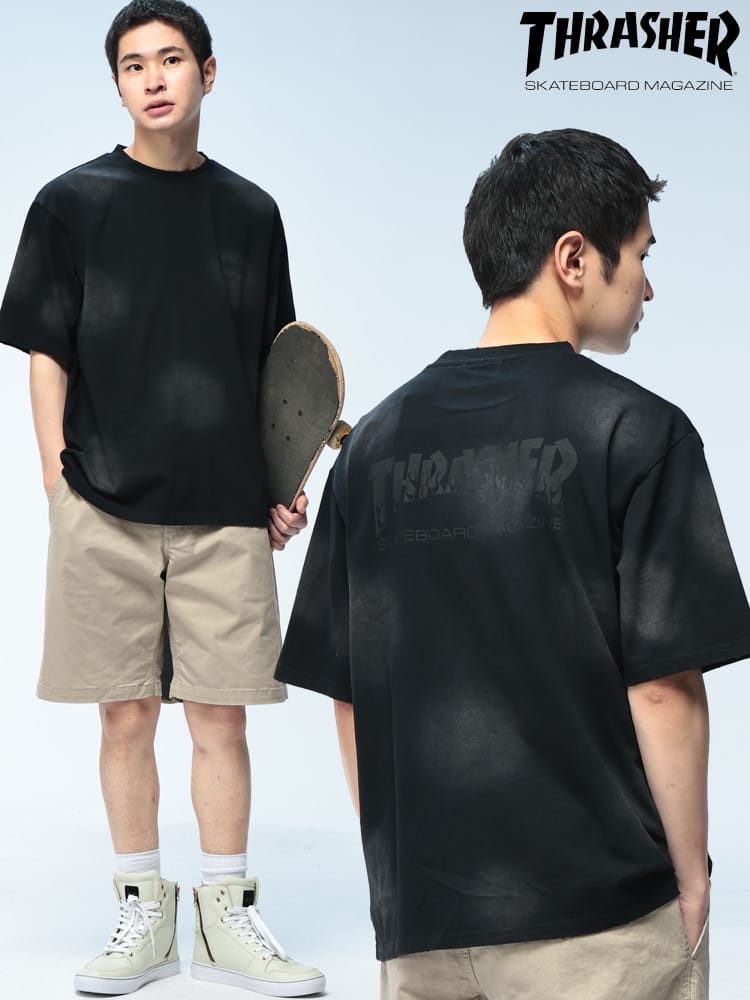 THRASHER (スラッシャー) スプレー加工 バックプリント Tシャツ 半袖 ユニセックス ロゴ クルーネック ドット柄