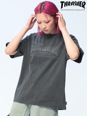 THRASHER (スラッシャー) ダメージ加工 Tシャツ 半袖 ピグメント ロゴ クルーネック ユニセックス