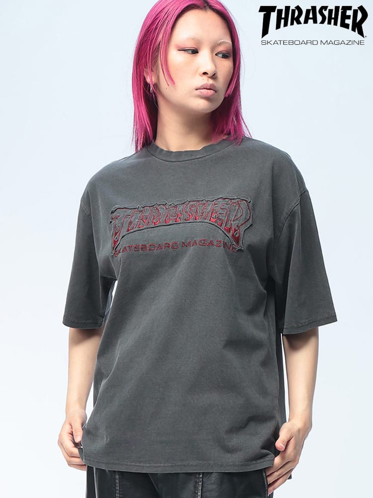 THRASHER (スラッシャー) ダメージ加工 Tシャツ 半袖 ピグメント ロゴ クルーネック ユニセックス