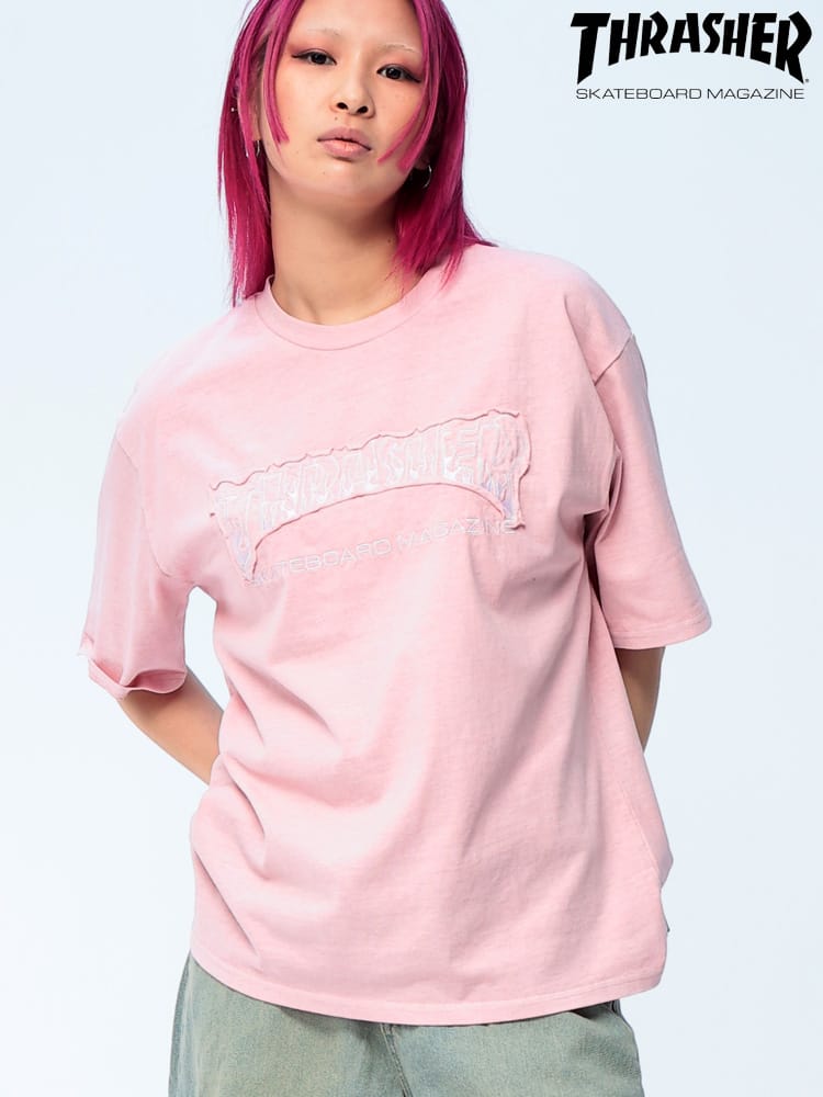 THRASHER (スラッシャー) ダメージ加工 Tシャツ 半袖 ピグメント ロゴ クルーネック ユニセックス