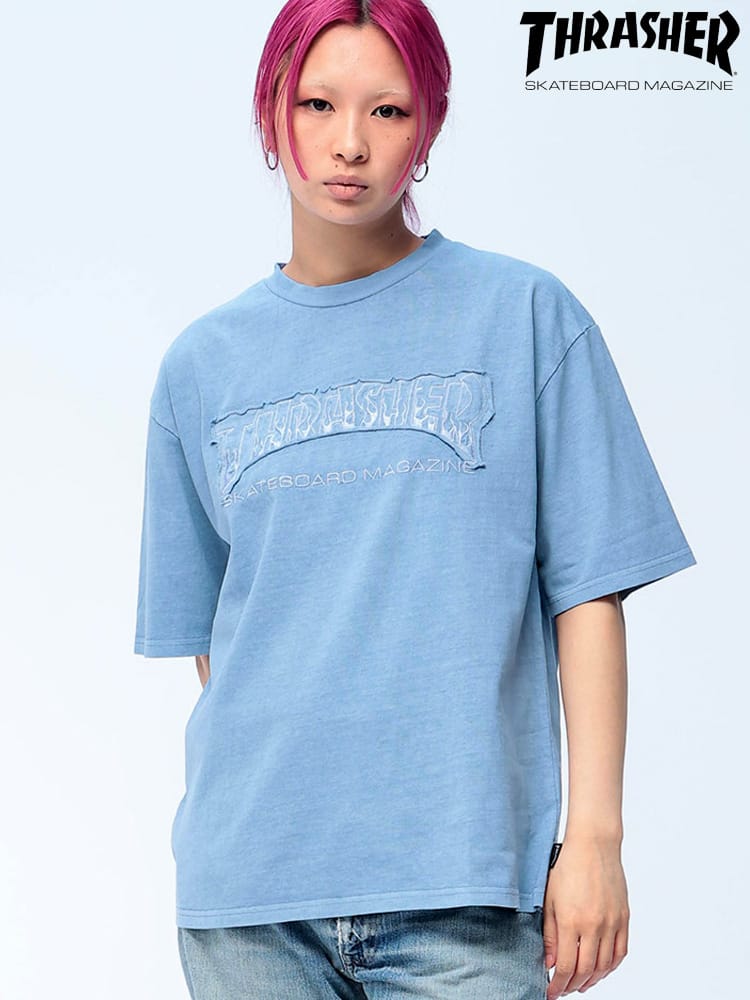 THRASHER (スラッシャー) ダメージ加工 Tシャツ 半袖 ピグメント ロゴ クルーネック ユニセックス