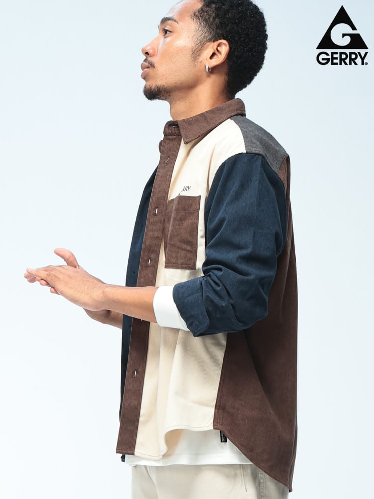 GERRY (ジェリー) コーデュロイ 長袖 シャツ メンズ レディース ワンポイント ブランドロゴ 刺繍